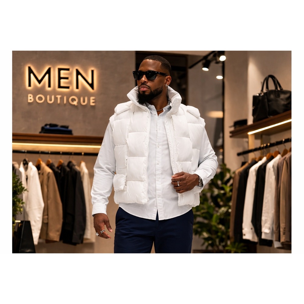 Mens White Oversized Woven Puffer Vest Cassette Quilted Sleeveless‎ Jacket - Picture 2 of 4